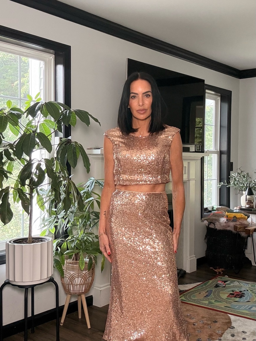 Lulu's Rose Gold Sequin Two Piece Set Glam Party Crop Top Midi Skirt Small